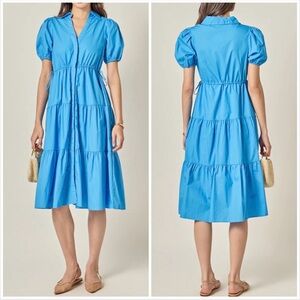 English Factory Ocean Blue Button Down Puff Sleeve Tiered Midi Dress